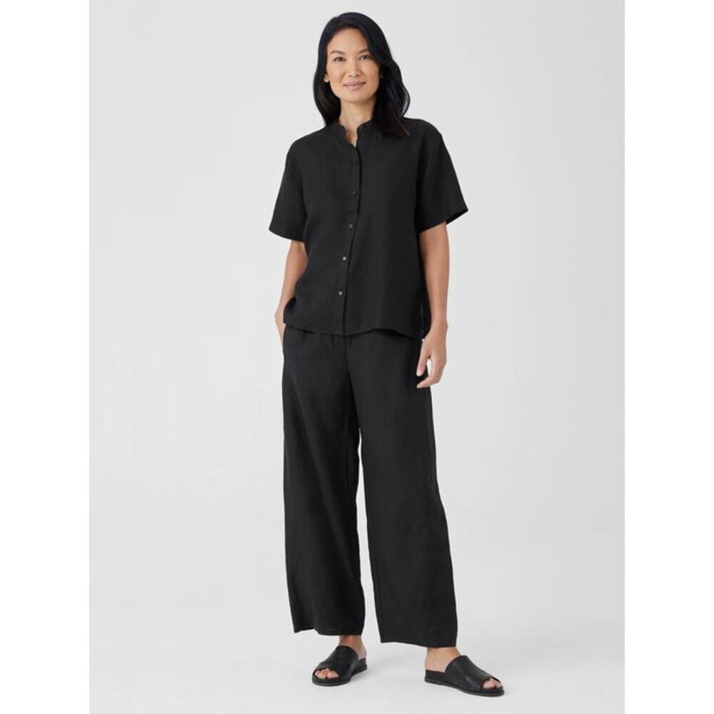 Eileen Fisher Organic Handkerchief Linen Band Collar Short-Sleeve Shirt Petite - Picture 2 of 10